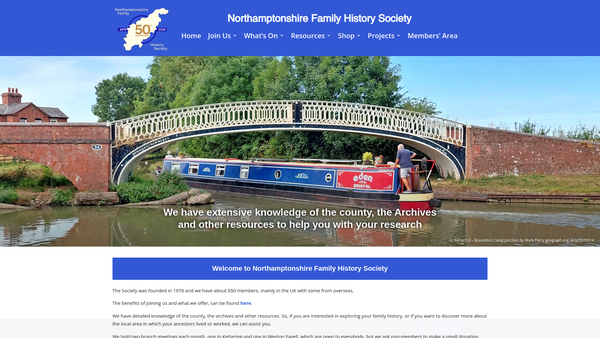 Screenshot of the The Northamptonshire Family History Society website