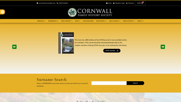 Screenshot of the Cornwall Family History Society website