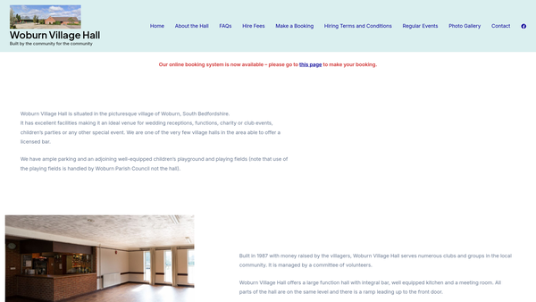 Screenshot of the Woburn Village Hall And Recreation Association website