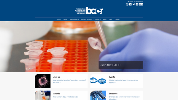 Screenshot of the British Association For Cancer Research website