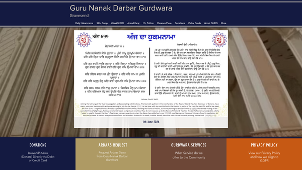Screenshot of the Siri Guru Nanak Darbar (Sikh Temple) website