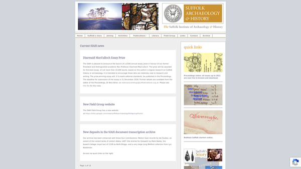 Screenshot of the Suffolk Institute Of Archaeology And History website