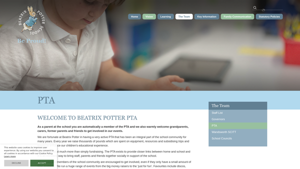Screenshot of the Beatrix Potter Primary School Parent Teacher Association website