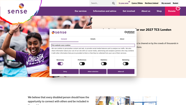 Screenshot of the Sense, The National Deafblind And Rubella Association website