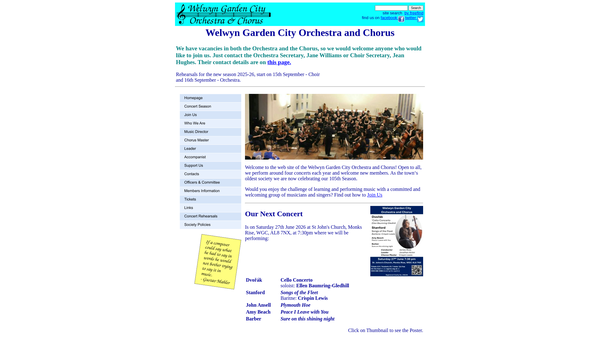 Screenshot of the Welwyn Garden City Music Society website