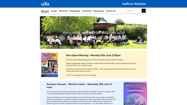 Screenshot of the U3A Saffron Walden website