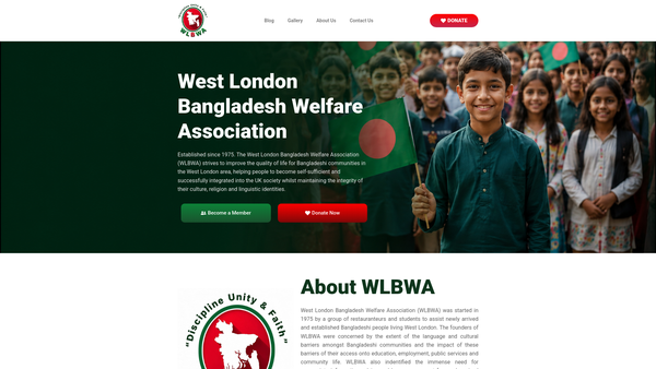 Screenshot of the West London Bangladesh Welfare Association website