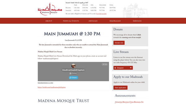 Screenshot of the Madina Mosque Trust website