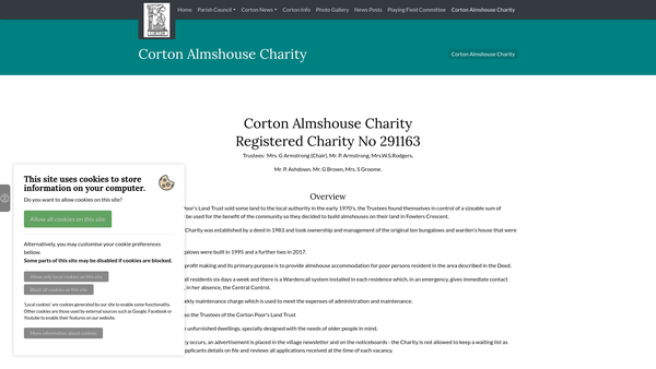 Screenshot of the Corton Almshouse Charity website
