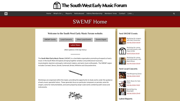 Screenshot of the The South West Early Music Forum website