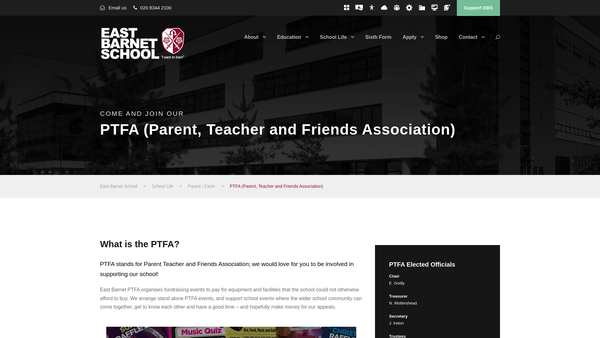 Screenshot of the East Barnet School Parents, Teachers and Friends Association website