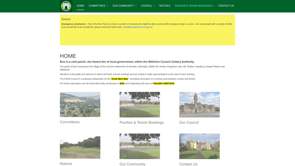 Screenshot of the Box Parish Council Recreation Ground website