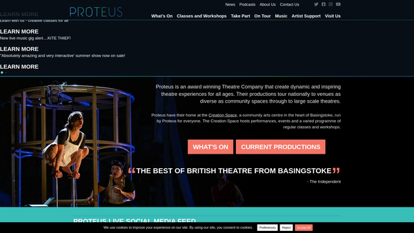 Screenshot of the Proteus Theatre Company Limited website