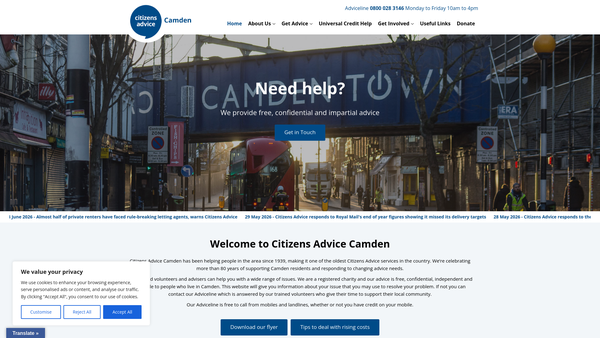 Screenshot of the Camden Citizens Advice Bureaux Service Limited website