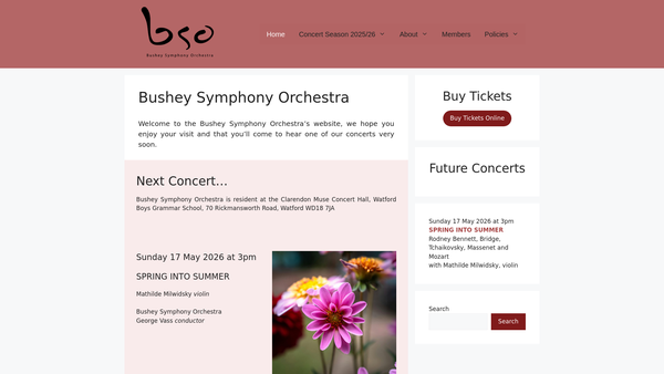 Screenshot of the Bushey Symphony Orchestra website
