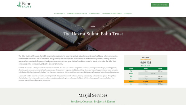 Screenshot of the Hazrat Sultan Bahu Trust (UK) website