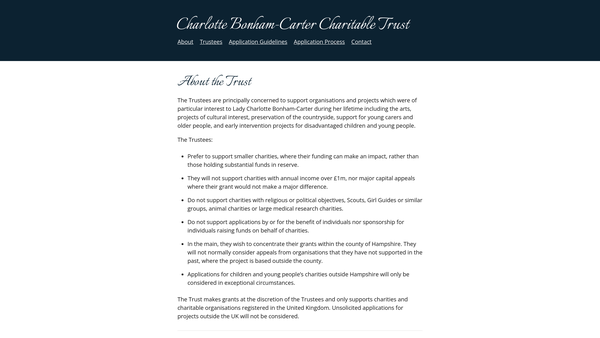 Screenshot of the The Charlotte Bonham-Carter Charitable Trust website