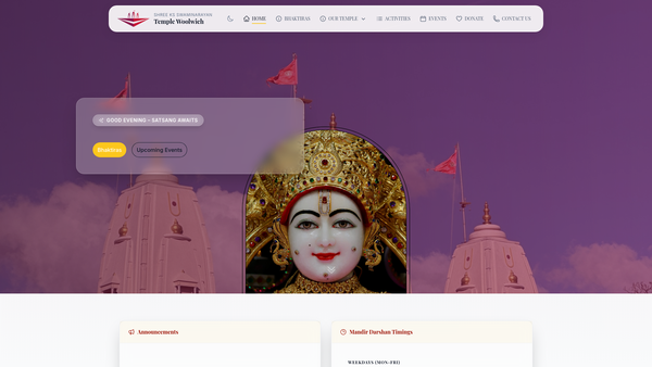 Screenshot of the Shree Kutch Satsang Swaminarayan Temple - South East London website