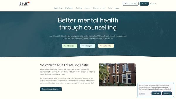 Screenshot of the Arun Counselling Centre website