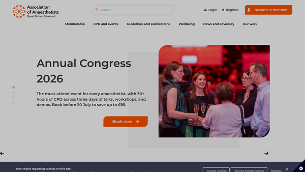 Screenshot of the Association Of Anaesthetists (Great Britain & Ireland) website