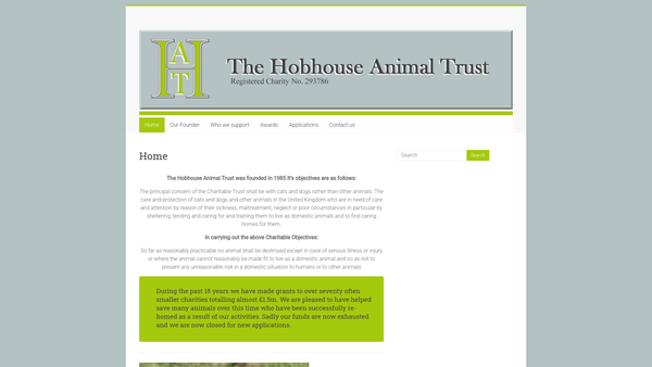 Screenshot of the The Hobhouse Animal Trust website