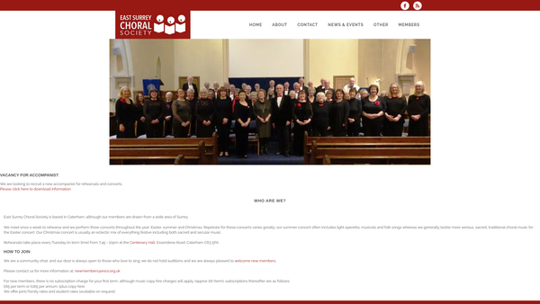 Screenshot of the East Surrey Choral Society website