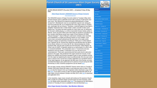 Screenshot of the The Parish Church Of St Lawrence Alton Organ Society website