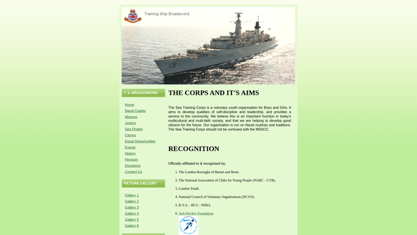 Screenshot of the Training Ship Broadsword Sea Training Corps website