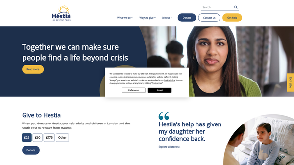 Screenshot of the Hestia Housing And Support website