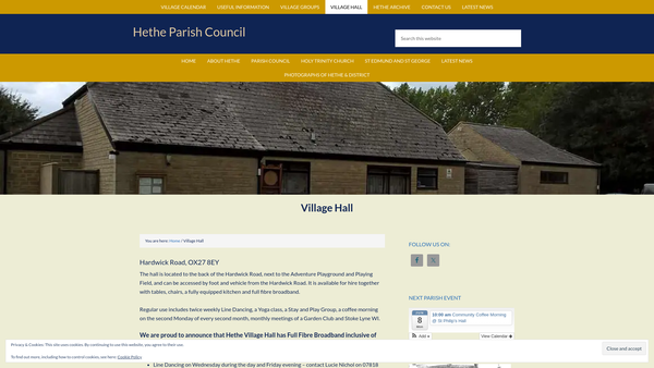 Screenshot of the Hethe New Village Hall website
