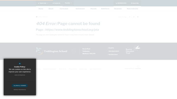 Screenshot of the Teddington School Parent Teacher Association website