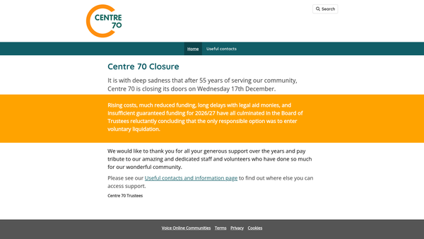 Screenshot of the Centre 70 website