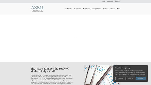 Screenshot of the Association For The Study Of Modern Italy (Asmi) website