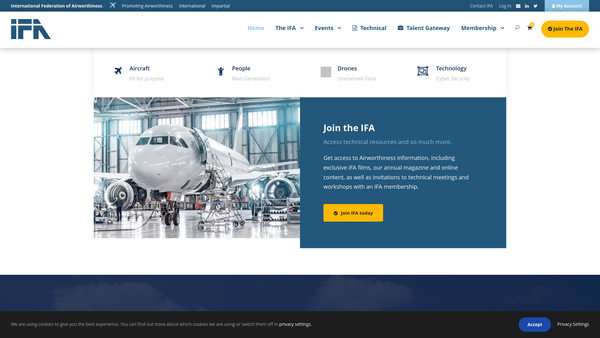 Screenshot of the The International Federation Of Airworthiness For Aerospace Engineering, Maintenance And Continuing Airworthiness website
