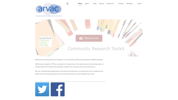Screenshot of the Association For Research In The Voluntary And Community Sector (Arvac) website