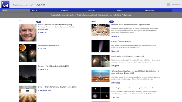 Screenshot of the Wycombe Astronomical Society website