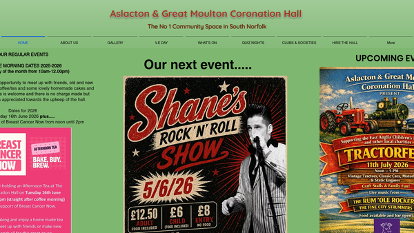 Screenshot of the Aslacton And Great Moulton Coronation Hall website