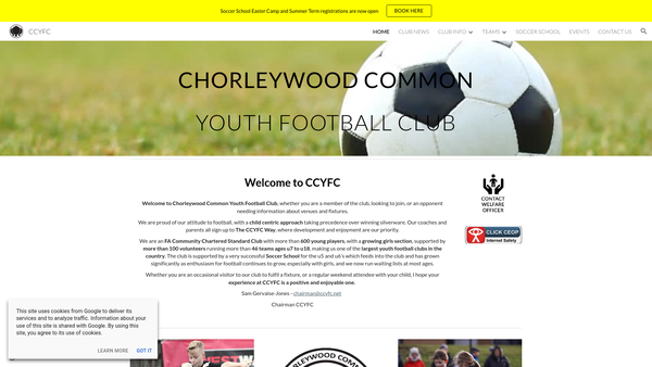 Screenshot of the Chorleywood Common Youth Football Club website