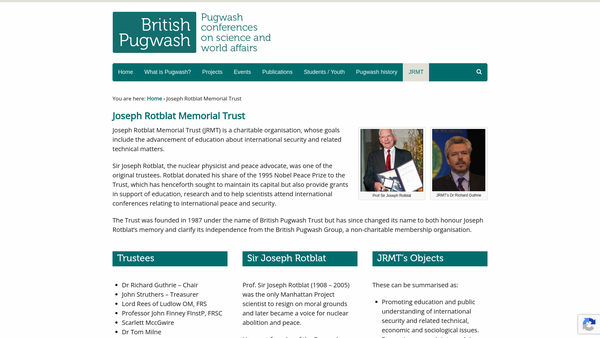 Screenshot of the Joseph Rotblat Memorial Trust website