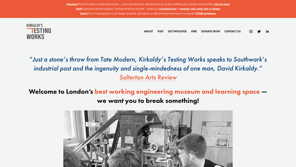 Screenshot of the Kirkaldy Testing Museum Southwark Ltd website