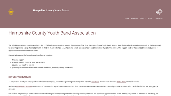 Screenshot of the Hampshire County Youth Band Association website