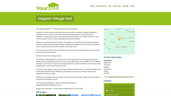 Screenshot of the Lidgate Village Hall website