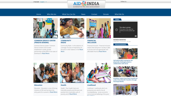 Screenshot of the Action For Integrated Development (Aid) website