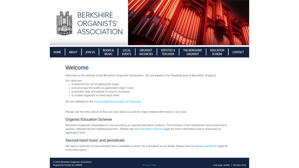 Screenshot of the Berkshire Organists' Association website