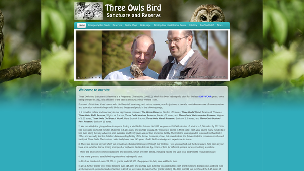 Screenshot of the Three Owls Bird Sanctuary And Reserve website