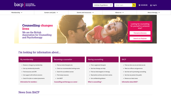 Screenshot of the British Association For Counselling And Psychotherapy website
