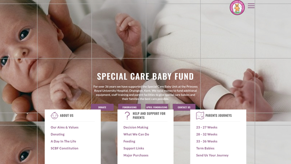 Screenshot of the Special Care Baby Fund website