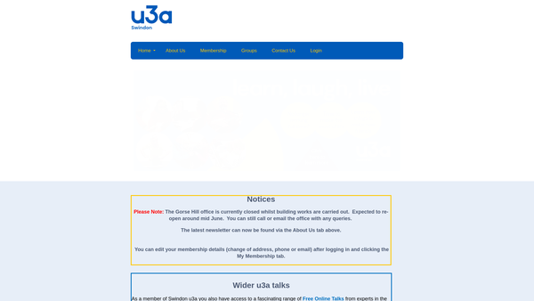 Screenshot of the The Swindon U3A website