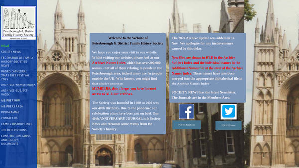Screenshot of the Peterborough And District Family History Society website