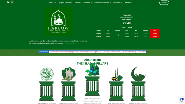 Screenshot of the Harlow Islamic Centre website